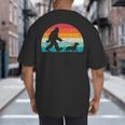 Retro Sasquatch Lover Doxie Wiener Dog Walker Bigfoot Walking a Dog Dachshund Weiner Dog Dad Weenie Small Big And Tall Men's T-Shirt Back Print