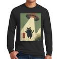 Vintage Japanese Cat Alien Cat Dad UFO Abduction Graphic Tee Men Long Sleeve T-Shirt