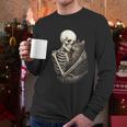 Skeleton Hugging Cat Halloween Cat Lover Cat Mom Dad Men Long Sleeve T-Shirt