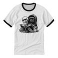 READING IN PEACE RIP Introvert Skeleton Read Book Meme Unisex Cotton Ringer T-Shirt READING IN PEACE RIP Introvert Skeleton Read Book Meme Unisex Cotton Ringer T-Shirt