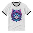 Retro 80s Cat In Space Suit Nostalgia Cat Vintage Astronaut Unisex Cotton Ringer T-Shirt