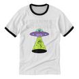 I Wanna Go Home Introvert UFO UAP Flying Saucer Trippy Alien Unisex Cotton Ringer T-Shirt