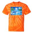 Frutiger Aero Dolphin Sunset Ocean With Palm Trees Y2k Premium Tie-Dye T-Shirts Orange Tie-Dye