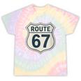 Retro Route 67 Highway Sign Vintage Road Nostalgia Tie-Dye T-Shirts Hazy Rainbow Tie-Dye