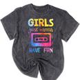 Retro Girls Just Wanna Have Fun Nostalgia 1980s 80's Premium Tri-Blend Mineral Wash Tshirts Mineral Black