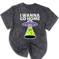 I Wanna Go Home Introvert UFO UAP Flying Saucer Trippy Alien Mineral Wash Tshirts Mineral Black