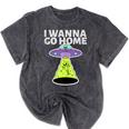 I Wanna Go Home Introvert UFO UAP Flying Saucer Trippy Alien Mineral Wash Tshirts Mineral Black