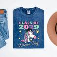 Girls Class Of 2029 Magical Unicorn Graduation Cap Mineral Wash Tshirts Mineral Navy