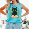 Cat Reading Book Flowers Comfort Colors Tank Top Light Green