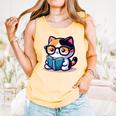 Adorable Book Lover Calico Cat With Reading Glasses Cute For Men Women Kids Comfort Colors Tank Top Grey