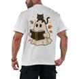 Books Ghost Reading Book Halloween Library Cat Fall Men's Back Print T-Shirt Books Ghost Reading Book Halloween Library Cat Fall Men's Back Print T-Shirt