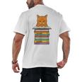 Cute Orange Tabby Cat Reading On Pile Of Books Men's Back Print T-Shirt