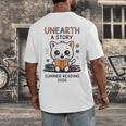 Unearth a Story Cute Kitten Summer Reading 2026 Cat Book Men's Back Print T-Shirt