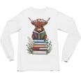 Cute Highland Cow With Book Floral Bookworm Librarian Book Unisex Long Sleeve T-Shirt