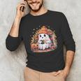 Cute Ghost Drinking Coffee Halloween Reading Book Retro Unisex Long Sleeve T-Shirt Cute Ghost Drinking Coffee Halloween Reading Book Retro Unisex Long Sleeve T-Shirt