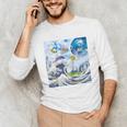 Frutiger Aero Aesthetic Tech Great Wave Of Kanagawa Fishes Raglan Baseball Tee Unisex Long Sleeve T-Shirt