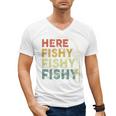 Fishing Here-Fishy Bass Fish Dad Men's V-Neck T-Shirt
