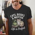 Cats Books And Matcha Life Is Perfect Green Tea Matcha Men's V-Neck T-Shirt Cats Books And Matcha Life Is Perfect Green Tea Matcha Men's V-Neck T-Shirt
