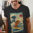 Dachshund Doxie Japanese Kanagawa Wave Surfing Japan Mom Dad Men's V-Neck T-Shirt