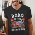Dada Of The Birthday Boy Fire Truck Firefighter 1St Party Men's V-Neck T-Shirt