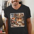 Fox Reads By Fireplace In Cabin Rustic Book Cozy Cup Tea Men's V-Neck T-Shirt