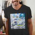 Frutiger Aero Aesthetic Tech Great Wave Of Kanagawa Fishes Men's V-Neck T-Shirt Frutiger Aero Aesthetic Tech Great Wave Of Kanagawa Fishes Men's V-Neck T-Shirt