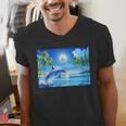 Frutiger Aero Dolphin Sunset Ocean With Palm Trees Y2k Men's V-Neck T-Shirt Frutiger Aero Dolphin Sunset Ocean With Palm Trees Y2k Men's V-Neck T-Shirt