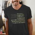 Husband Daddy Protector Hero Fathers Day Camo American Flag Men's V-Neck T-Shirt