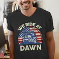 Lawn Mowing We Ride At Dawn Father Day Care Mower Dad Men's V-Neck T-Shirt