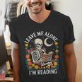 Leave Me Alone Skeleton Reading Book Floral Moon Librarian Men's V-Neck T-Shirt Leave Me Alone Skeleton Reading Book Floral Moon Librarian Men's V-Neck T-Shirt