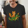 Orange Cat Dragon Riding Animal Lover Mom Dad Kids Men's V-Neck T-Shirt