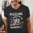 Puzzling Makes Me Feel Less Murdery Introvert Puzzle Cat Men's V-Neck T-Shirt