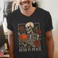 Read In Peace Skeleton Reading Book Halloween Teacher Men's V-Neck T-Shirt