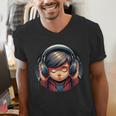 Serene Music Enthusiast With Headphones Introvert Cute Boy Men's V-Neck T-Shirt