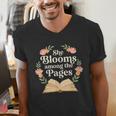 She Blooms Among The Pages Women Mom Wife Floral Book Quote Men's V-Neck T-Shirt She Blooms Among The Pages Women Mom Wife Floral Book Quote Men's V-Neck T-Shirt