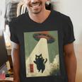 Vintage Japanese Cat Alien Cat Dad UFO Abduction Graphic Tee Men's V-Neck T-Shirt