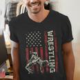Wrestling US Flag Dad Wrestler Patriotic 4th Of July Men's V-Neck T-Shirt
