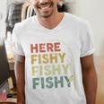 Fishing Here-Fishy Bass Fish Dad Men's V-Neck T-Shirt