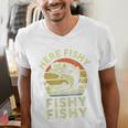 Here-Fishy Fishing Boy Large Mouth Bass Dad Men's V-Neck T-Shirt Here-Fishy Fishing Boy Large Mouth Bass Dad Men's V-Neck T-Shirt