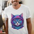 Retro 80s Cat In Space Suit Nostalgia Cat Vintage Astronaut Men's V-Neck T-Shirt