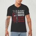 Daughter Gun Shovel Alibi Mom Dad Guns Joke -ON Back Men's V-Neck T-Shirt