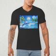 Frutiger Aero Dolphin Sunset Ocean With Palm Trees Y2k Men's V-Neck T-Shirt Frutiger Aero Dolphin Sunset Ocean With Palm Trees Y2k Men's V-Neck T-Shirt