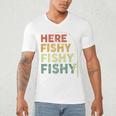 Fishing Here-Fishy Bass Fish Dad Men's V-Neck T-Shirt