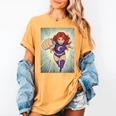 The Crimson Crescent 90s Retro Comic Book Superheroine Art Women's Comfort Colors T-Shirt Mustard The Crimson Crescent 90s Retro Comic Book Superheroine Art Women's Comfort Colors T-Shirt Mustard