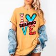 I Heart Books Love Reading Red And Stripe Animated Cat For Men Women Girls Kids Women's Comfort Colors T-Shirt Mustard