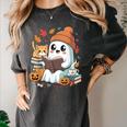 Cute Cozy Ghost Reading With Cat Book Lover Autumn Fall Women's Comfort Colors T-Shirt Pepper