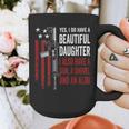 Daughter Gun Shovel Alibi Mom Dad Guns Joke -ON Back Graphic Print Coffee Mug