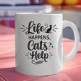 Women's Life Happens Cats Help Cat Lover Cat Moms Cat Dads Graphic Print Coffee Mug