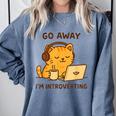 Go Away I'm Introverting Cozy Cat With Laptop And Coffee Comfort Colors Sweatshirt Blue Jean