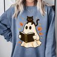 Books Ghost Reading Book Halloween Library Cat Fall Comfort Colors Sweatshirt Denim